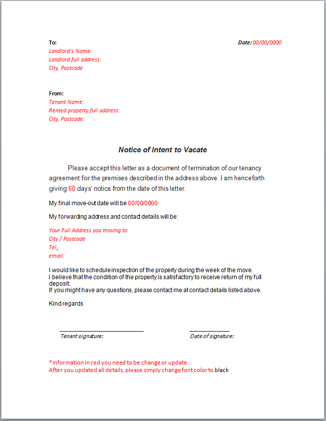 Download Sample Letter Notice of Intent to Vacate